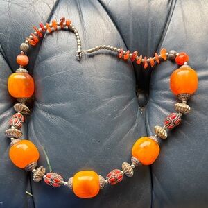 Silver caped copal Amber art glass carnelian beaded vintage necklace
